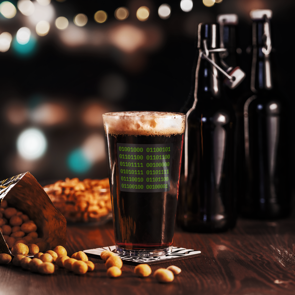 Hello World! Binary Pint Glass